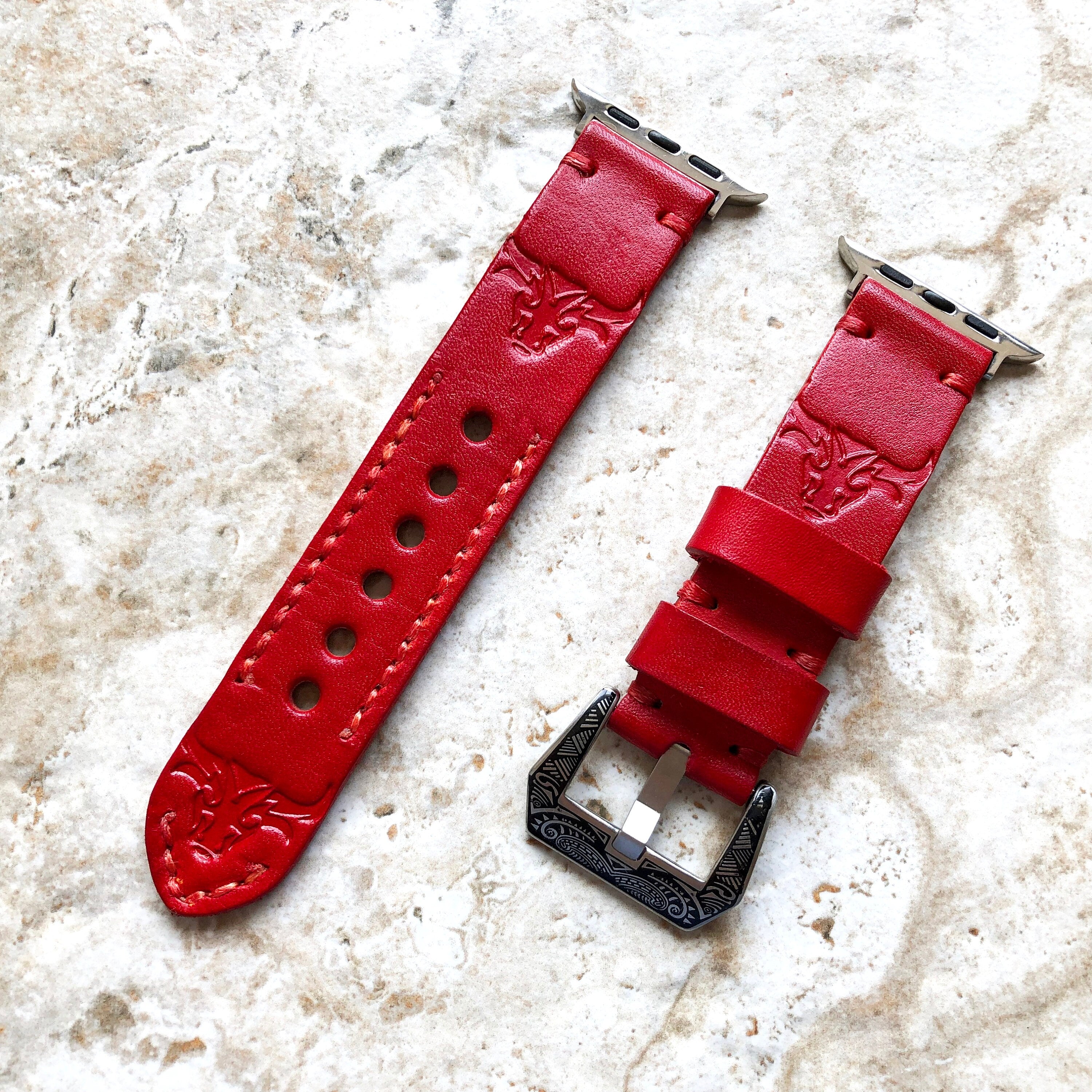 Bull Head Band 22mm 24mm 25mm Tooled Embossed Genuine Leather Compatible with Apple Watch Fitbit Versa 2 3 4 Sense 2 Ionic Handmade Strap